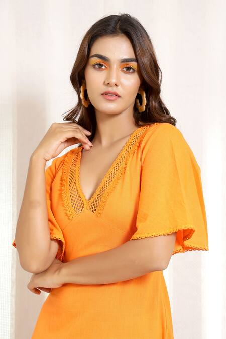 Kalakaari By Sagarika_Orange Cotton Hibiscus Midi Dress_at_Aza_Fashions