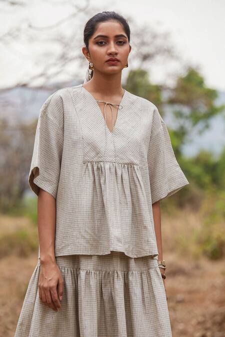 The Summer House_Beige Solio Checkered Top_Online_at_Aza_Fashions