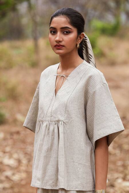 Buy_The Summer House_Beige Solio Checkered Top_Online_at_Aza_Fashions