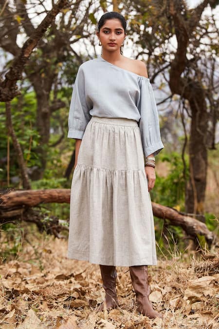 The Summer House Beige Linen Solio Checkered Tiered Skirt