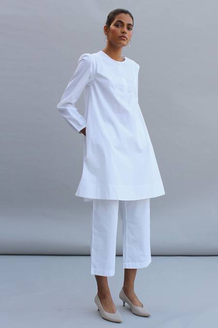 The Summer House_White Organic Cotton Cambric Round Perry Puff Sleeve Tunic And Pant Set_Online_at_Aza_Fashions