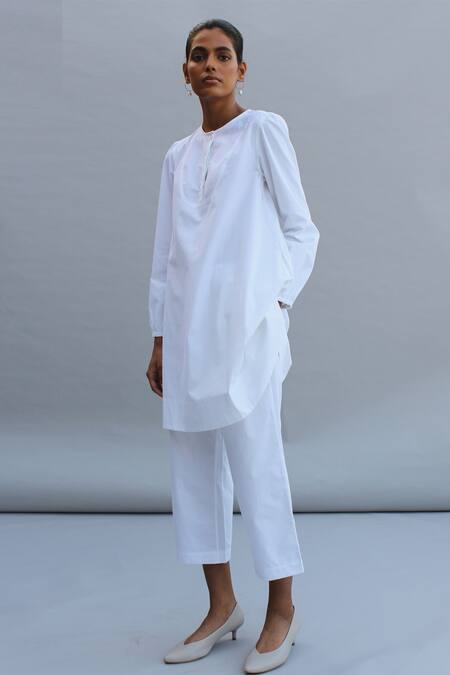 Buy_The Summer House_White Organic Cotton Cambric Round Perry Puff Sleeve Tunic And Pant Set_Online_at_Aza_Fashions