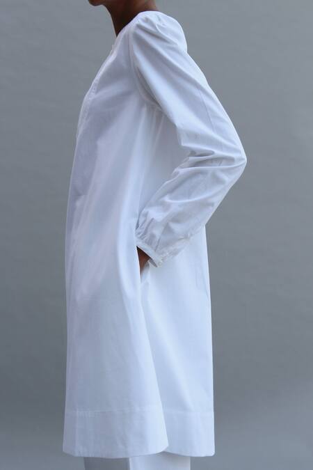 The Summer House_White Organic Cotton Cambric Round Perry Puff Sleeve Tunic And Pant Set_at_Aza_Fashions