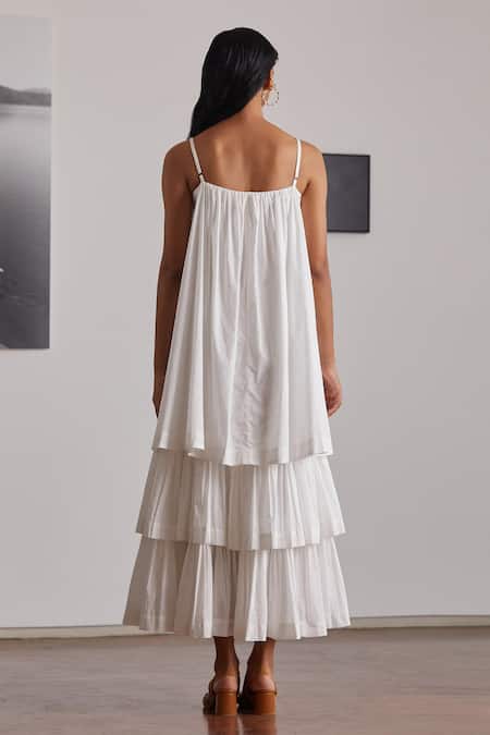 Shop The Summer House White Organic Cotton Cambric Square Neck Lev Tiered Dress at Aza Fashions Shop_The Summer House_White Organic Cotton Cambric Square Neck Lev Tiered Dress _at_Aza_Fashions