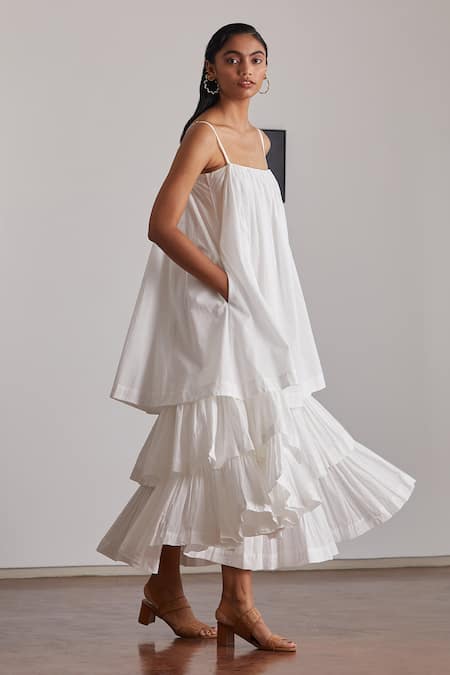 The Summer House White Organic Cotton Cambric Square Neck Lev Tiered Dress Online at Aza Fashions The Summer House_White Organic Cotton Cambric Square Neck Lev Tiered Dress _Online_at_Aza_Fashions