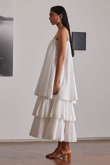 Shop The Summer House White Organic Cotton Cambric Square Neck Lev Tiered Dress Online at Aza Fashions Shop_The Summer House_White Organic Cotton Cambric Square Neck Lev Tiered Dress _Online_at_Aza_Fashions
