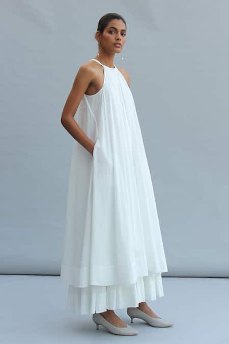 The Summer House_White Organic Cotton Cambric Halter Neck Abeer Dress_Online_at_Aza_Fashions