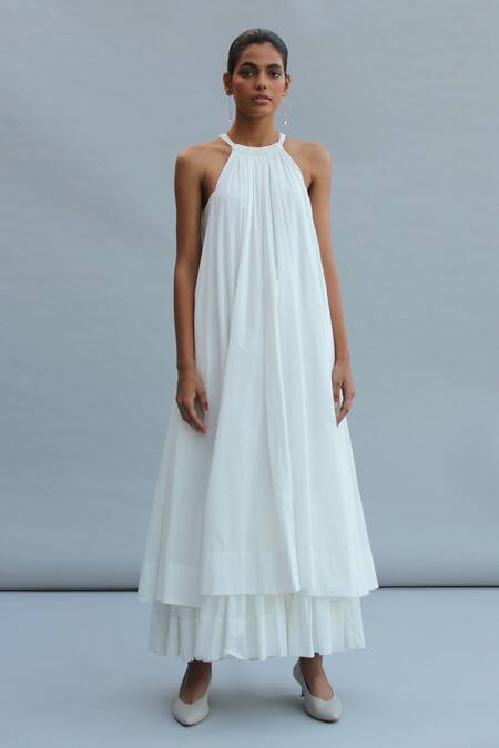 Buy_The Summer House_White Organic Cotton Cambric Halter Neck Abeer Dress_Online_at_Aza_Fashions