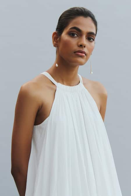 Shop_The Summer House_White Organic Cotton Cambric Halter Neck Abeer Dress_Online_at_Aza_Fashions