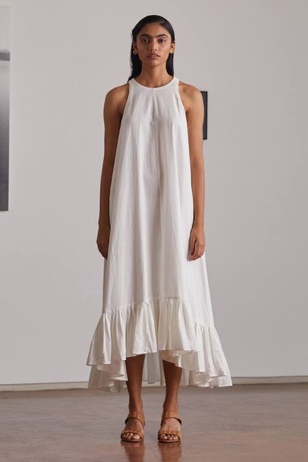 The Summer House White Handspun And Handwoven Cotton Round Neal Ruffle Hem Dress Online at Aza Fashions The Summer House_White Handspun And Handwoven Cotton Round Neal Ruffle Hem Dress _Online_at_Aza_Fashions