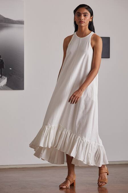 Buy The Summer House White Handspun And Handwoven Cotton Round Neal Ruffle Hem Dress Online at Aza Fashions Buy_The Summer House_White Handspun And Handwoven Cotton Round Neal Ruffle Hem Dress _Online_at_Aza_Fashions