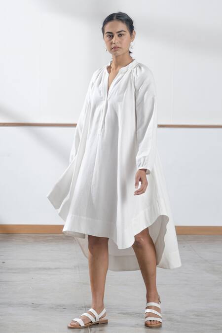 The Summer House White Handspun And Handwoven Cotton Mandarin Collar Woodstock Dress Online at Aza Fashions The Summer House_White Handspun And Handwoven Cotton Mandarin Collar Woodstock Dress _Online_at_Aza_Fashions