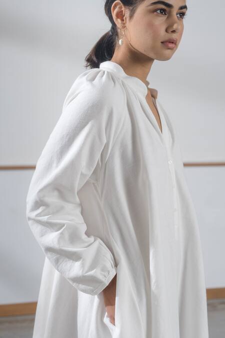 Shop The Summer House White Handspun And Handwoven Cotton Mandarin Collar Woodstock Dress Online at Aza Fashions Shop_The Summer House_White Handspun And Handwoven Cotton Mandarin Collar Woodstock Dress _Online_at_Aza_Fashions
