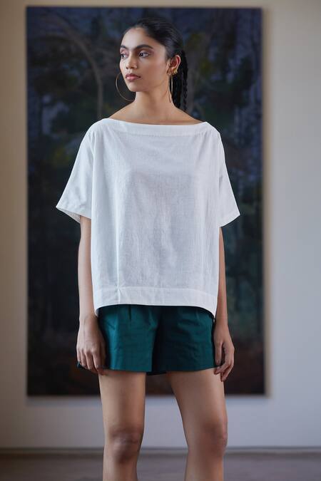 The Summer House_White Bob Boat Neck Top_Online_at_Aza_Fashions