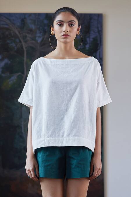 Buy_The Summer House_White Bob Boat Neck Top_Online_at_Aza_Fashions