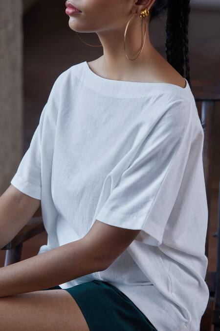 Shop_The Summer House_White Bob Boat Neck Top_Online_at_Aza_Fashions