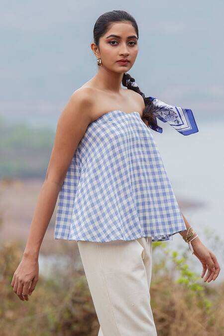 The Summer House_Blue Zuri Checkered Strapless Top_Online_at_Aza_Fashions