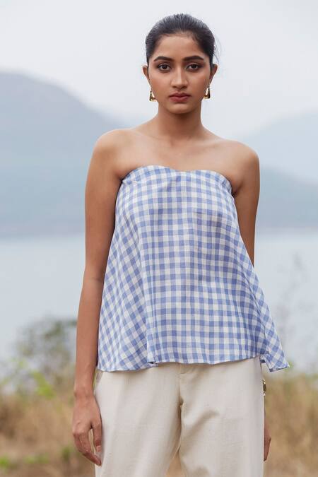 Buy_The Summer House_Blue Zuri Checkered Strapless Top_Online_at_Aza_Fashions