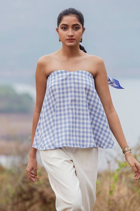 Shop_The Summer House_Blue Zuri Checkered Strapless Top_Online_at_Aza_Fashions