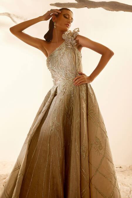 Buy Silver Organza Net Embroidered Floral Motifs One Shoulder Gown For Women by Adaara Couture Online at Aza Fashions