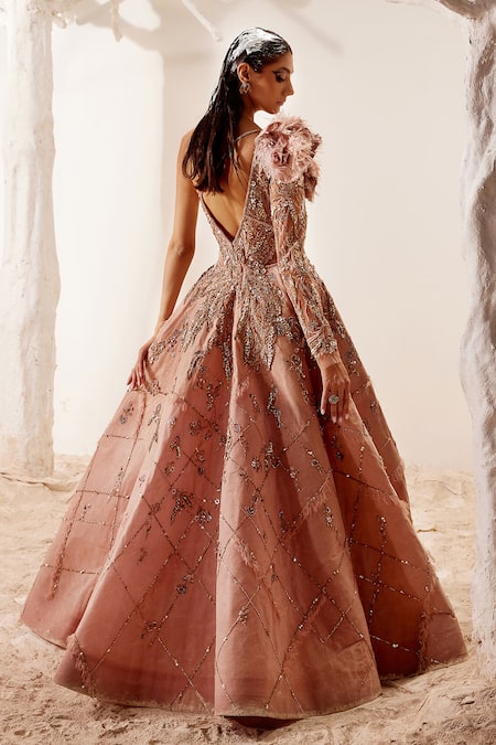 Shop Adaara Couture Pink , Bamberg Silk, Glitter One Shoulder Gilded Embroidered Gown at Aza Fashions Shop_Adaara Couture_Pink , Bamberg Silk, Glitter One Shoulder Gilded Embroidered Gown _at_Aza_Fashions
