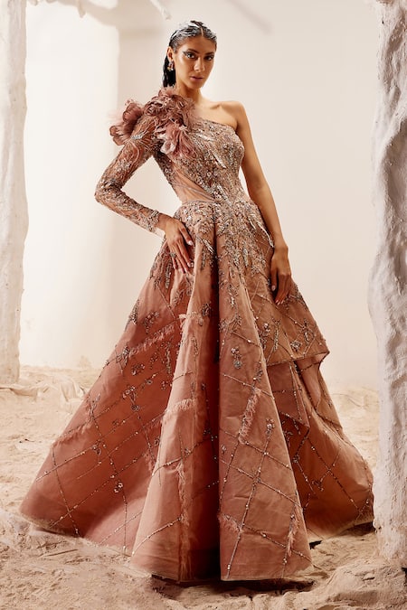 Adaara Couture Pink , Bamberg Silk, Glitter One Shoulder Gilded Embroidered Gown Online at Aza Fashions Adaara Couture_Pink , Bamberg Silk, Glitter One Shoulder Gilded Embroidered Gown _Online_at_Aza_Fashions