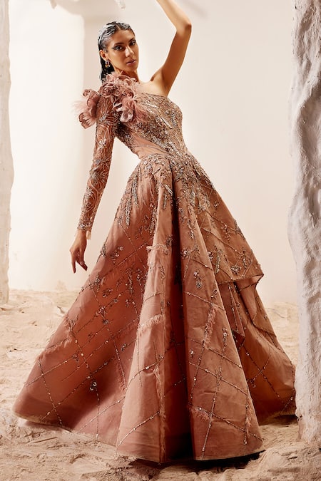 Buy Adaara Couture Pink , Bamberg Silk, Glitter One Shoulder Gilded Embroidered Gown Online at Aza Fashions Buy_Adaara Couture_Pink , Bamberg Silk, Glitter One Shoulder Gilded Embroidered Gown _Online_at_Aza_Fashions