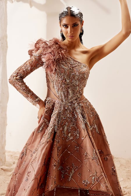 Adaara Couture Pink , Bamberg Silk, Glitter One Shoulder Gilded Embroidered Gown at Aza Fashions Adaara Couture_Pink , Bamberg Silk, Glitter One Shoulder Gilded Embroidered Gown _at_Aza_Fashions
