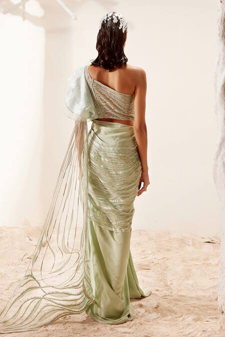 Shop_Adaara Couture_Green Organza, Assam Silk, Bamber Silk, Crepe Hand Embroidered Draped Saree Gown _at_Aza_Fashions
