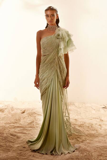 Adaara Couture_Green Organza, Assam Silk, Bamber Silk, Crepe Hand Embroidered Draped Saree Gown _Online_at_Aza_Fashions