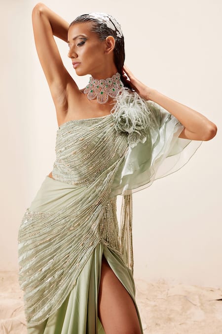 Buy_Adaara Couture_Green Organza, Assam Silk, Bamber Silk, Crepe Hand Embroidered Draped Saree Gown _Online_at_Aza_Fashions