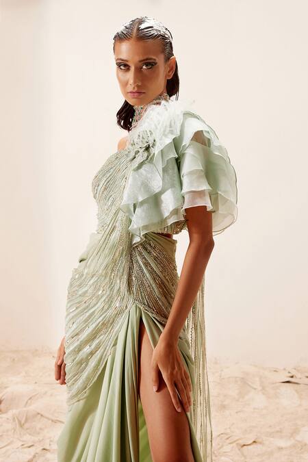 Shop_Adaara Couture_Green Organza, Assam Silk, Bamber Silk, Crepe Hand Embroidered Draped Saree Gown _Online_at_Aza_Fashions