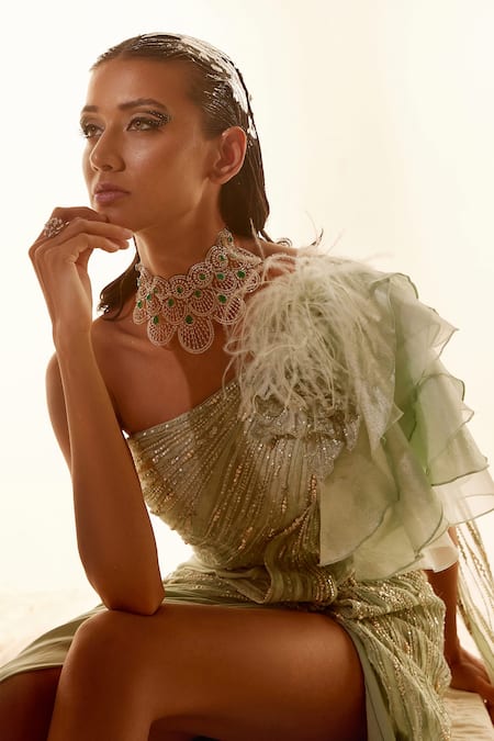 Adaara Couture_Green Organza, Assam Silk, Bamber Silk, Crepe Hand Embroidered Draped Saree Gown _at_Aza_Fashions