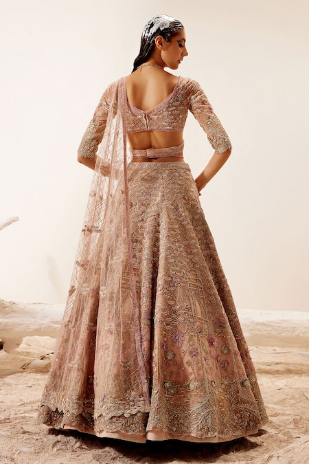 Shop Adaara Couture Pink Net, Bamberg Silk Floral Motifs V Lotus Lake Embroidered Bridal Lehenga Set at Aza Fashions Shop_Adaara Couture_Pink Net, Bamberg Silk Floral Motifs V Lotus Lake Embroidered Bridal Lehenga Set _at_Aza_Fashions