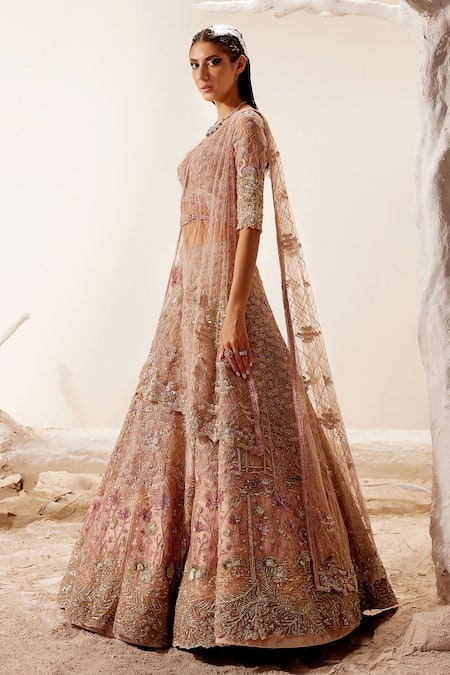 Adaara Couture Pink Net, Bamberg Silk Floral Motifs V Lotus Lake Embroidered Bridal Lehenga Set Online at Aza Fashions Adaara Couture_Pink Net, Bamberg Silk Floral Motifs V Lotus Lake Embroidered Bridal Lehenga Set _Online_at_Aza_Fashions