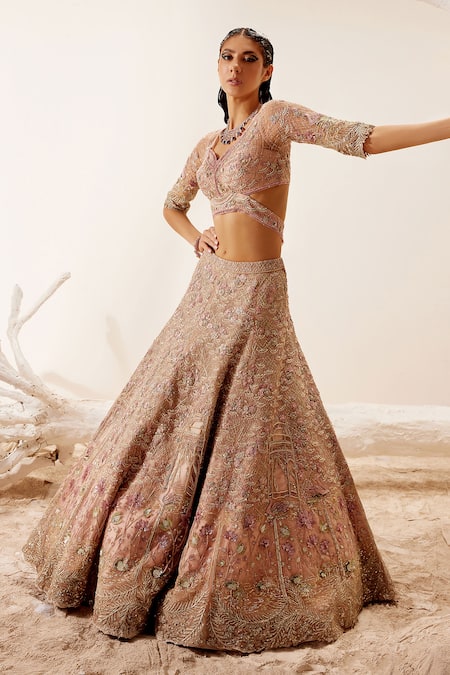 Buy Adaara Couture Pink Net, Bamberg Silk Floral Motifs V Lotus Lake Embroidered Bridal Lehenga Set Online at Aza Fashions Buy_Adaara Couture_Pink Net, Bamberg Silk Floral Motifs V Lotus Lake Embroidered Bridal Lehenga Set _Online_at_Aza_Fashions