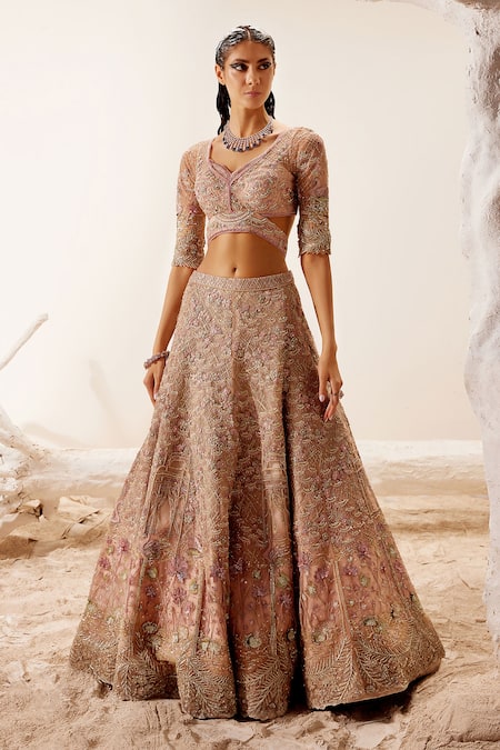 Shop Adaara Couture Pink Net, Bamberg Silk Floral Motifs V Lotus Lake Embroidered Bridal Lehenga Set Online at Aza Fashions Shop_Adaara Couture_Pink Net, Bamberg Silk Floral Motifs V Lotus Lake Embroidered Bridal Lehenga Set _Online_at_Aza_Fashions