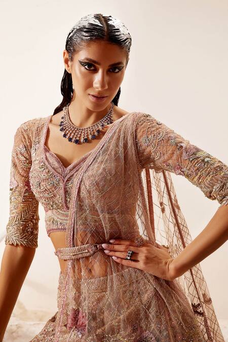 Adaara Couture Pink Net, Bamberg Silk Floral Motifs V Lotus Lake Embroidered Bridal Lehenga Set at Aza Fashions Adaara Couture_Pink Net, Bamberg Silk Floral Motifs V Lotus Lake Embroidered Bridal Lehenga Set _at_Aza_Fashions