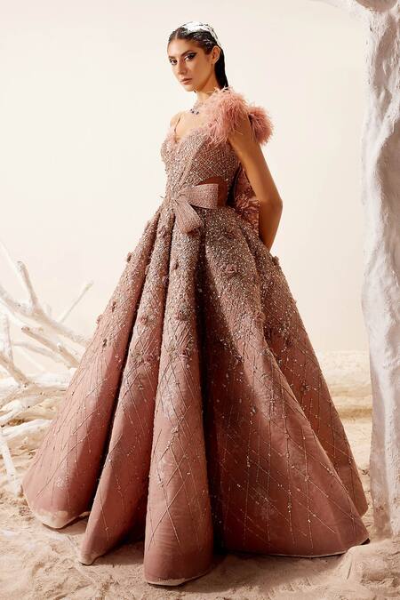 Adaara Couture Pink , Bamberg Silk, Glitter V Neck Gleaming Meadow Structured Gown Online at Aza Fashions Adaara Couture_Pink , Bamberg Silk, Glitter V Neck Gleaming Meadow Structured Gown _Online_at_Aza_Fashions