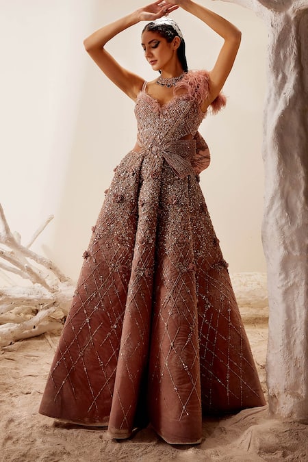 Beautiful Salmon Pink Net Embroidered Gown LSTV117730
