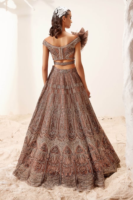 Shop Adaara Couture Brown , Bamberg Silk, Glitter Morris Hand Embroidered Lehenga Set at Aza Fashions Shop_Adaara Couture_Brown , Bamberg Silk, Glitter Morris Hand Embroidered Lehenga Set _at_Aza_Fashions