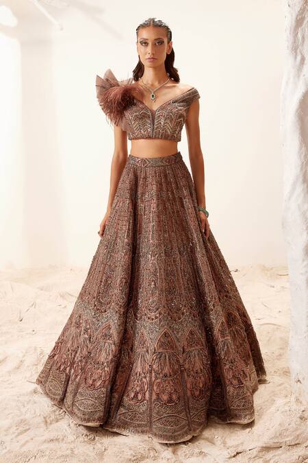 Buy Adaara Couture Brown , Bamberg Silk, Glitter Morris Hand Embroidered Lehenga Set Online at Aza Fashions Buy_Adaara Couture_Brown , Bamberg Silk, Glitter Morris Hand Embroidered Lehenga Set _Online_at_Aza_Fashions