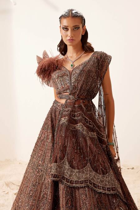 Shop Adaara Couture Brown , Bamberg Silk, Glitter Morris Hand Embroidered Lehenga Set Online at Aza Fashions Shop_Adaara Couture_Brown , Bamberg Silk, Glitter Morris Hand Embroidered Lehenga Set _Online_at_Aza_Fashions
