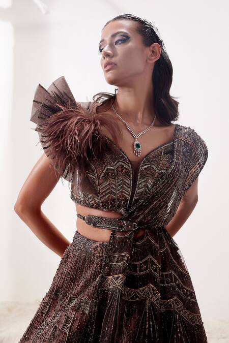 Adaara Couture Brown , Bamberg Silk, Glitter Morris Hand Embroidered Lehenga Set at Aza Fashions Adaara Couture_Brown , Bamberg Silk, Glitter Morris Hand Embroidered Lehenga Set _at_Aza_Fashions