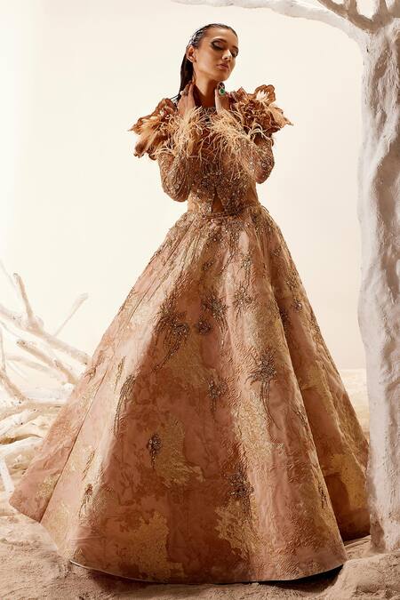 Buy_Adaara Couture_Gold Net, Bamberg Silk, Brocade Organza Floral Fairy Dream Hand Embroidered Gown _Online_at_Aza_Fashions