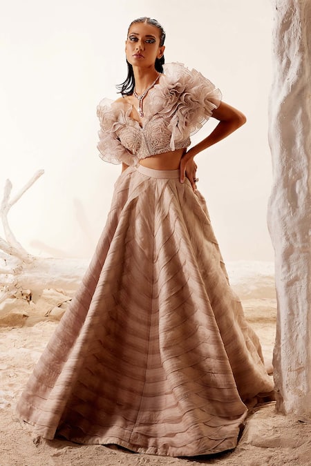 Beige Ruffle Blouse with Heavy Embroidered Sequin Lehenga – Rocky Star