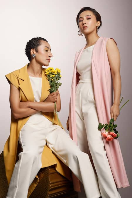 Couché By Anandini_White Crepe Lana Stretch Plain Coat Lapel Collar, Crop Pant Set With Duster _Online_at_Aza_Fashions