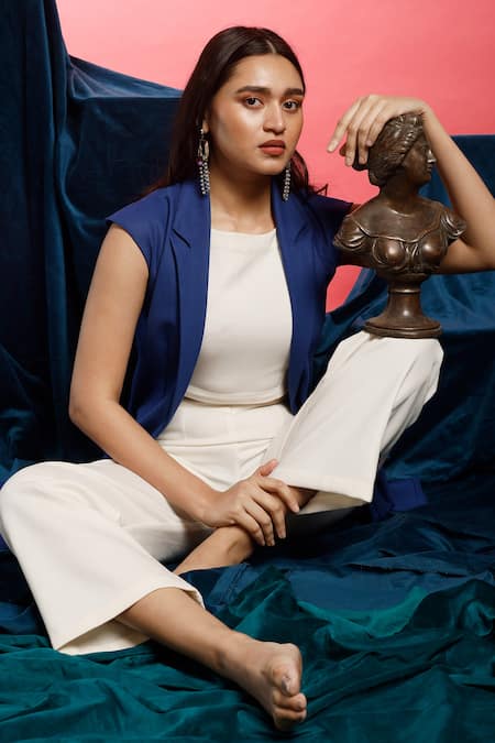 Couché By Anandini_White Crepe Lana Stretch Plain Coat Lapel Collar, Crop Pant Set With Duster _Online_at_Aza_Fashions