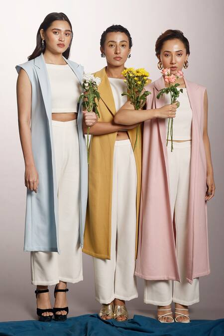 Buy_Couché By Anandini_White Crepe Lana Stretch Plain Coat Lapel Collar, Notched Jacket And Pant Set _Online_at_Aza_Fashions