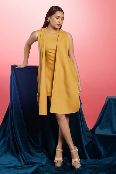 Couché By Anandini_Yellow Crepe Lana Stretch Plain Round Sleeveless Overlay Dress _Online_at_Aza_Fashions